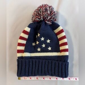 American Flag knitted Ski Sports Hat Cap Red/White/Blue Pom Poms‎ EMB Stars